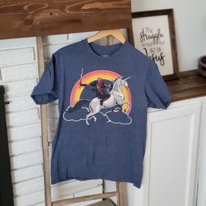 Marvel Deadpool Riding Unicorn Rainbow Graphic Tee Heather Blue Shirt Mens Small